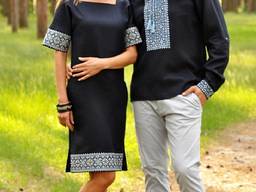 Ефектний комплект - чоловіча сорочка і жіноче плаття з синього льону з виразною вишивкою