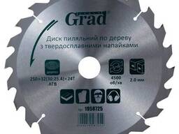 Диск пильный по дереву с твердосплавными напайками 250×32(30;25.4)×24T GRAD (1958725)