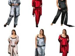 Домашний женский комплект Батал 3-ка халат+штаны+майка , велюровый , цвета красный . ..