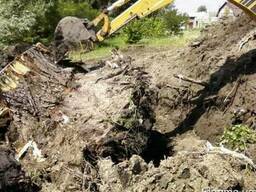 Корчівля пнів коріння екскаватором Київ. Вивіз на звалище