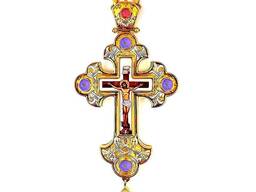 Крест наперсный латунь в позолоте с деколью и украшениями 2.10.0389лп-2^1лп