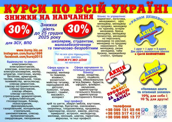 Курси електрик, кухар, перукар, зварник, кондитер, сушист, піццеолі, манікюр, токар