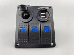 Панель переключения на 3 кнопки с USB, вольтметр и розетка