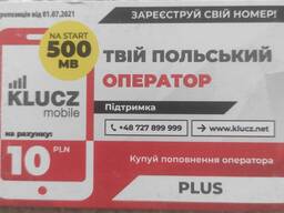 Сим карта Польша. Оператор KLUCZ. Активированная.