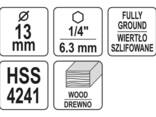 Свердло по дереву спіральне Yato Ø13 x 100/60 мм Hex 1/4" Hss 4241 - фото 3