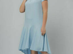 Женское платье с асимметричным воланом Lipar Голубое Батал