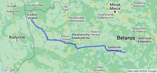 Расстояние от Бобруйска до Гродно, маршрут на карте